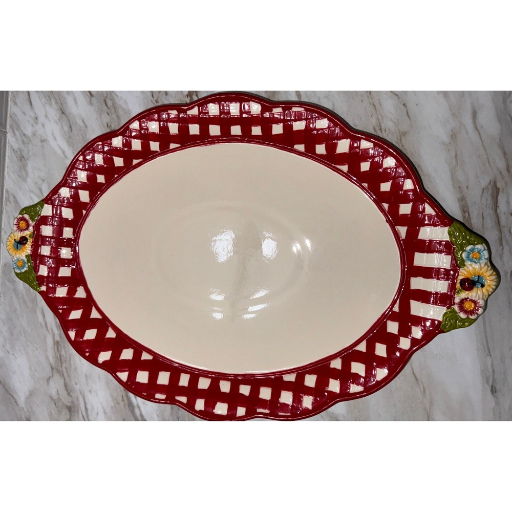 Temptations Red Gingham Garden Platter~Lady Bug & Flowers  17'x 16 1/2' -Retired